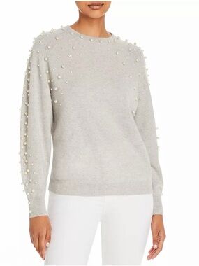 C by Bloomingdale’s 100% Cashmere Faux Pearl Sweater Gray Medium
